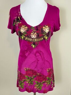 Christian Audigier Pacochicano Magenta Graphic V Neck Top